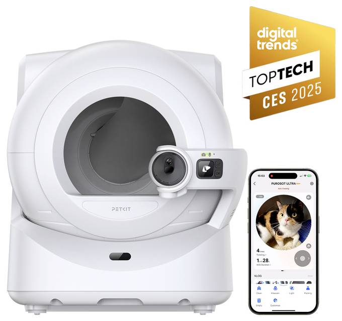 Bílá kočičí toaleta PETKIT se obrazovkou aplikace chytrého telefonu, zobrazená s odznakem ocenění „Digital Trends Top Tech CES 2025".