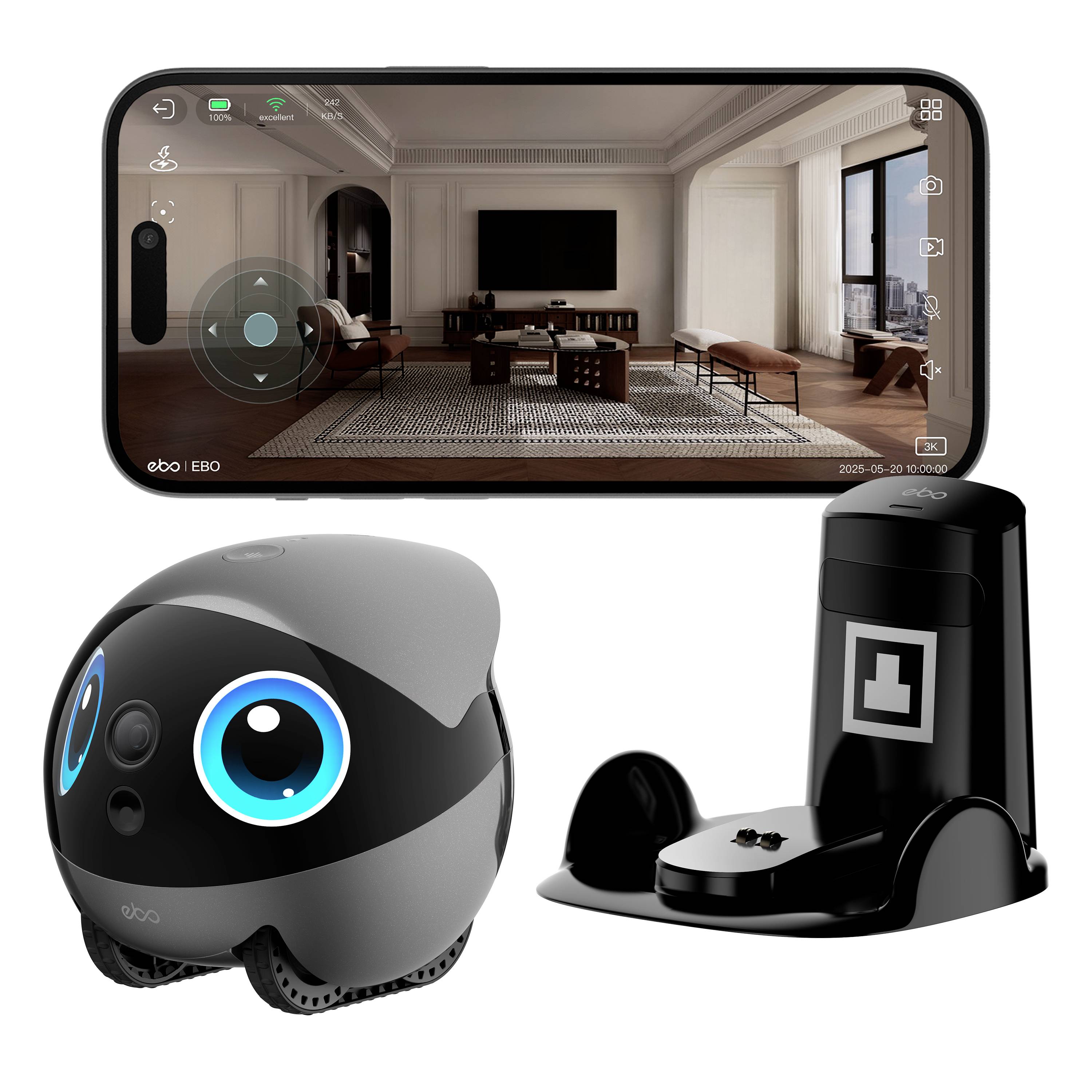 Domácí robotický systém EBO se zobrazením živého pohledu na místnost podobným smartphonu, sférický robot a nabíjecí stanice; obrazovka ukazuje rozhraní pro monitorování obývacího pokoje.
