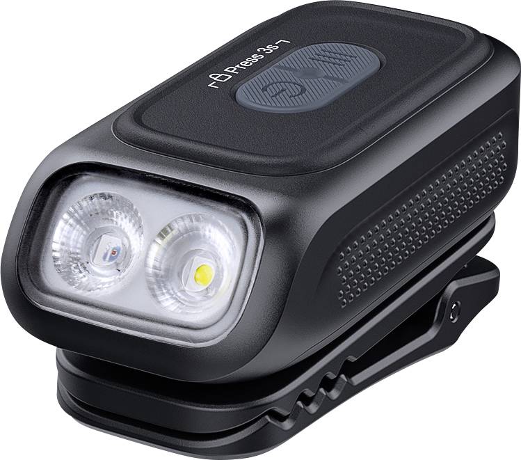 Černé přední LED kolo světlo s klipem na dvěma předními reflektory a horním tlačítkem napájení na kompaktní montáži.