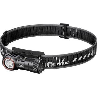 Čelovka Black Fenix s nastavitelnou hlavovou páskou a přední LED svítilnou, zobrazená s nasazovacím uchycením „Detach" pro volnorucí venkovní použití.
