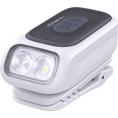 Bílá upevňovací cyklokamera s duálními LED žárovkami a horním přítlačným vypínačem napájení.