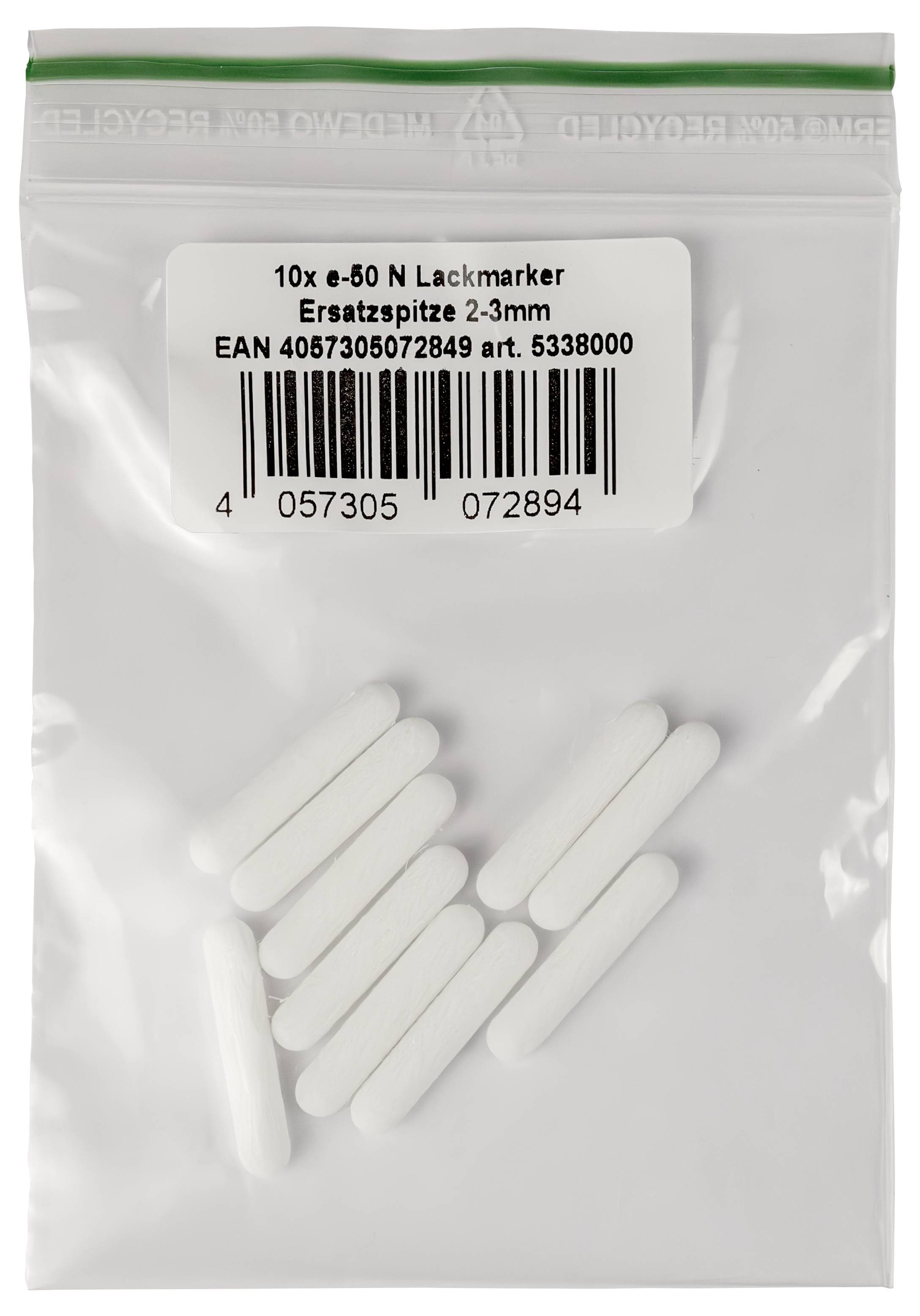 Čirá zip sáčka s bílými náhradními značkovači označenými '10x e-50 N Lackmarker Ersatzspitze 2-3mm' se čárovým kódem.