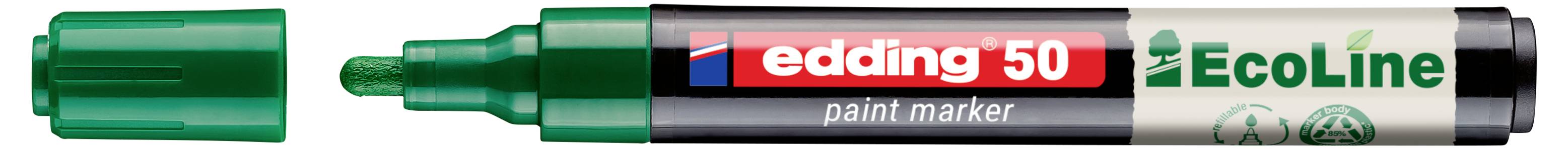 Zelený fix Edding 50 EcoLine s víčkem, zobrazený vodorovně.