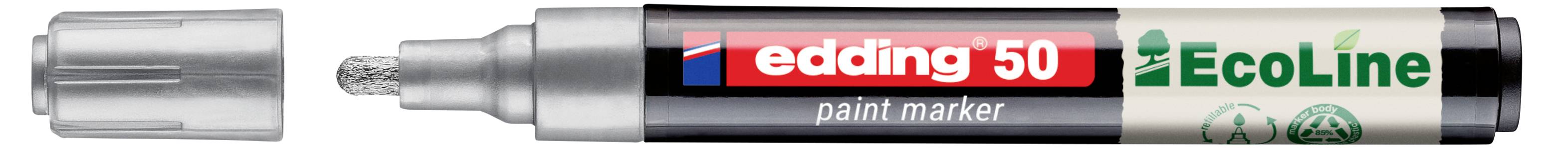 Stříbrný Edding 50 EcoLine značkovací fix zobrazený vodorovně s červeným a zeleným výrobním štítkem na bílém pozadí.