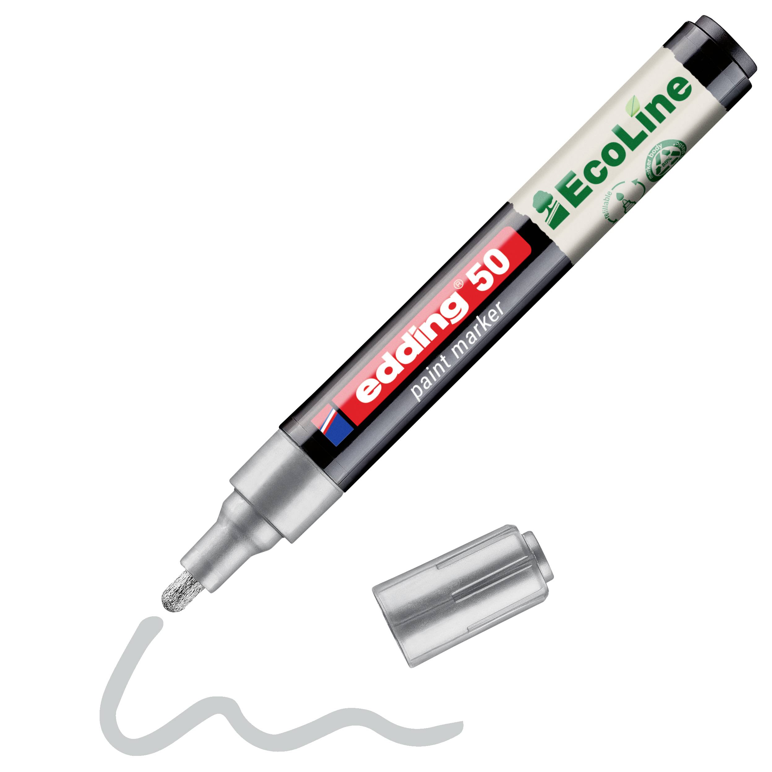 Edding 50 Ecoline fix na barvu bez víčka, kreslící šedou vlnitou čáru na bílém pozadí.