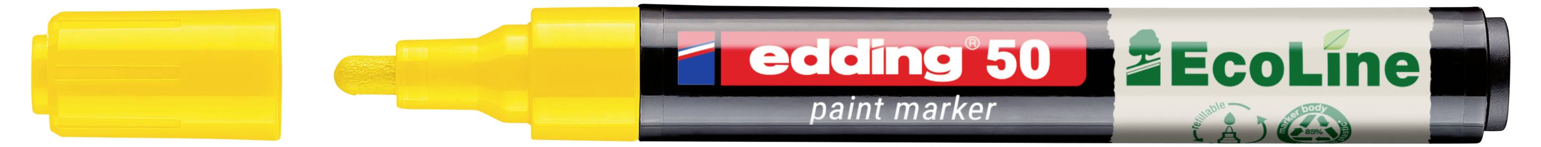 Žlutý fix Edding 50 EcoLine s odstraněným uzávěrem, na kterém je vidět skosená špička.