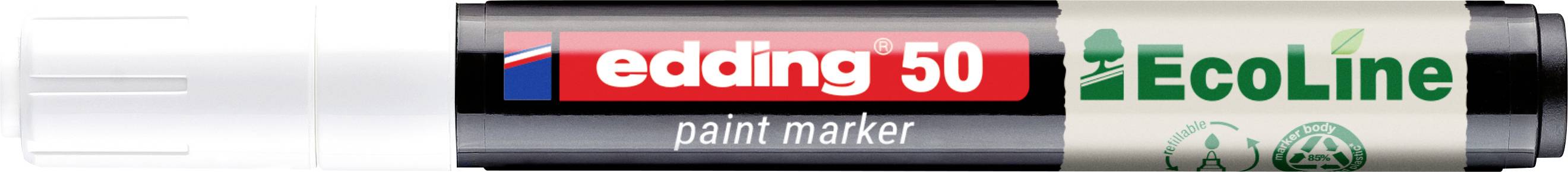 Edding 50 EcoLine značkovač s černým uzávěrem a bílým tělem, zobrazený v červeno-zelené značkovací balení.