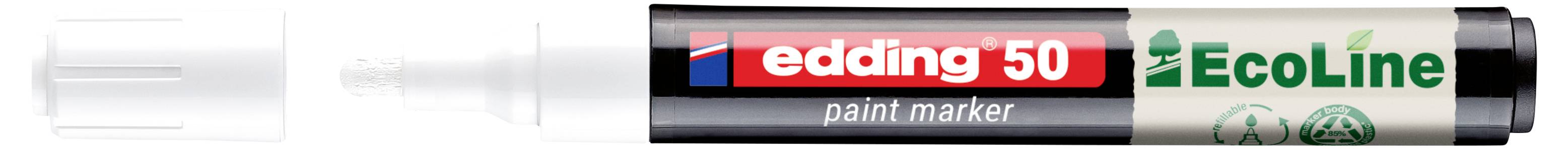 Bílý tužka na bázi barvy s černočerveným štítkem edding 50 EcoLine a viditelnou černou čepičkou, zobrazená vodorovně na bílém pozadí.
