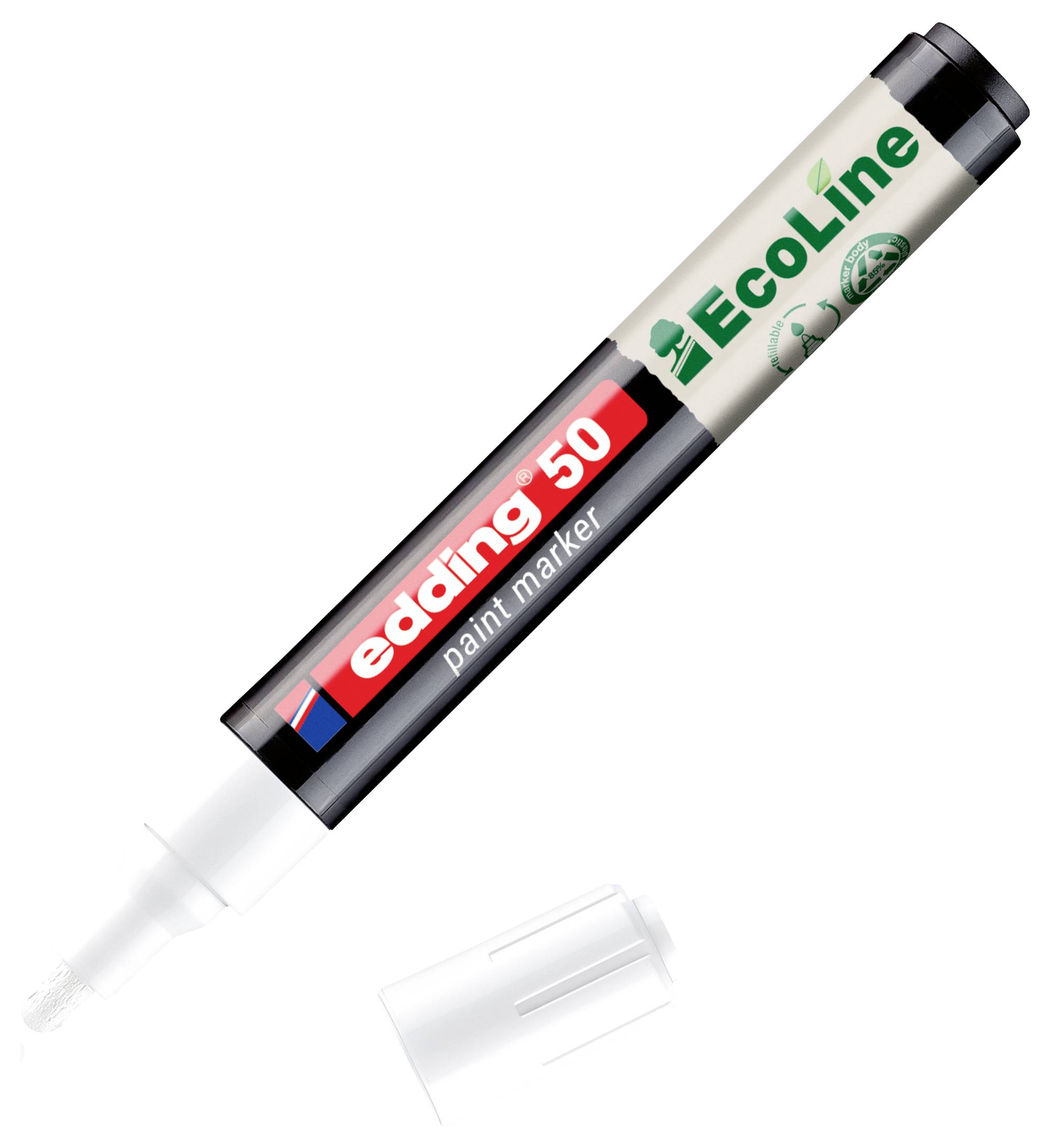 Černobílý značkovací fix Edding 50 s označením 'ECOline' a oddělená bílá uzávěrka na neutrálním pozadí.