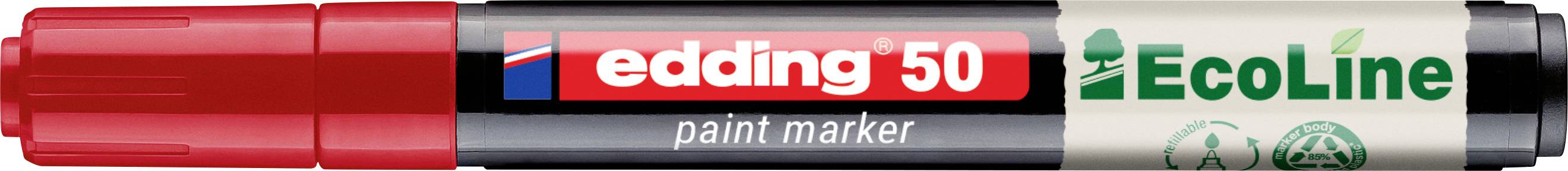 Červený značkovací fix Red Edding 50 EcoLine s bílou a zelenou etiketou.