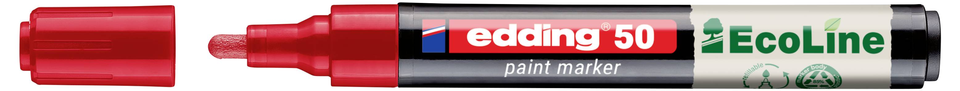 Červený značkovací fix Red Edding 50 s červeným víčkem, označený EcoLine, zobrazen vodorovně na bílém pozadí.