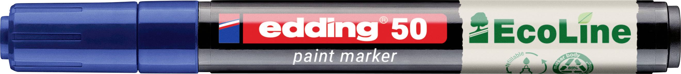 Modrý fix edding 50 EcoLine s uzávěrem vlevo a černým hrotem vpravo, označený pro ekologické použití.