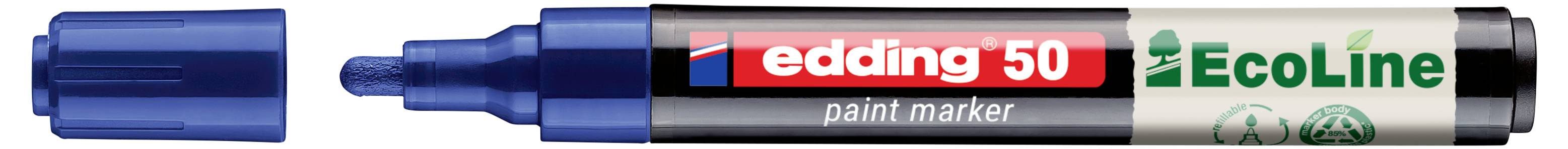 Modrý fix Edding 50 EcoLine s víčkem zobrazený vedle svojí špičky, určený na značení a psaní na různých površích.