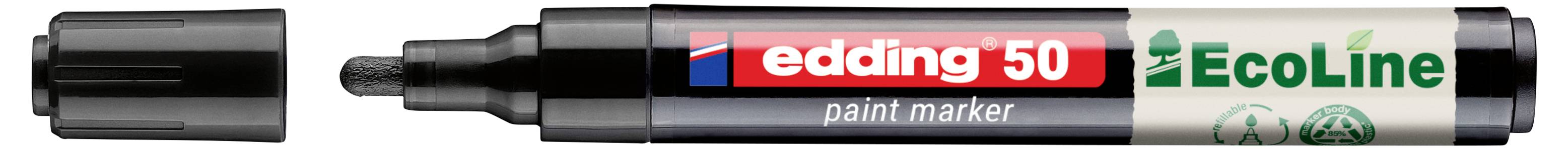 Černý Edding 50 EcoLine paint marker zobrazený horizontálně, s odstraněným víčkem a viditelným černým skosenným hrotem, text na etiketě je čitelný.