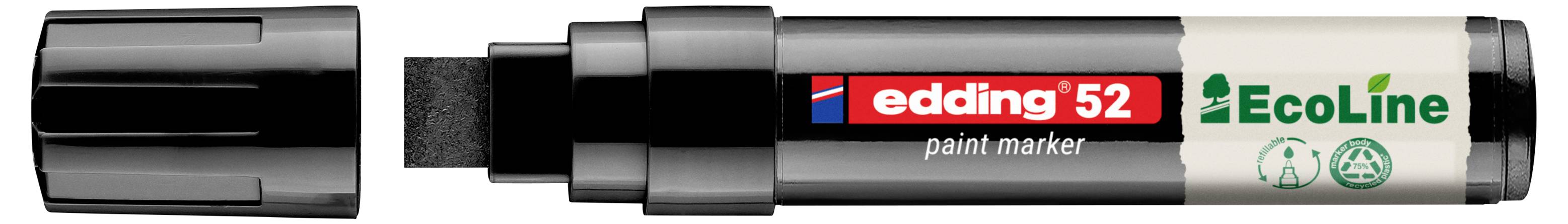Černý fix Edding 52 bez víčka, viditelná hrot a bílý fix Ecoline vedle na jednolitém pozadí.