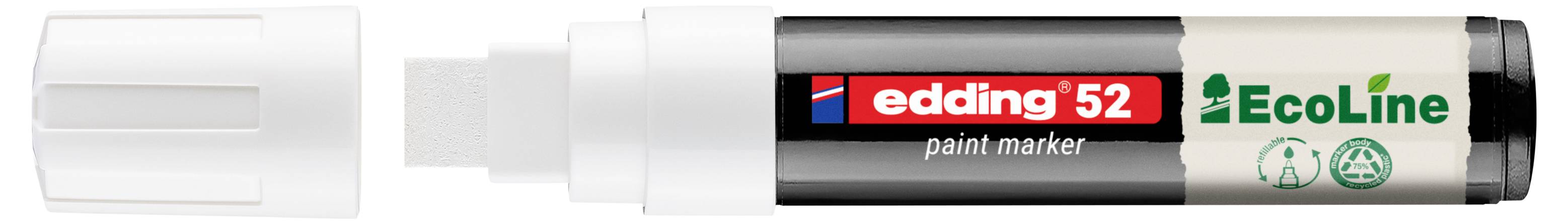 Bílý zvýrazňovací tužka Edding 52 s odstraněným uzávěrem, zobrazující černý tubus tužky označený „edding 52" a „EcoLine".