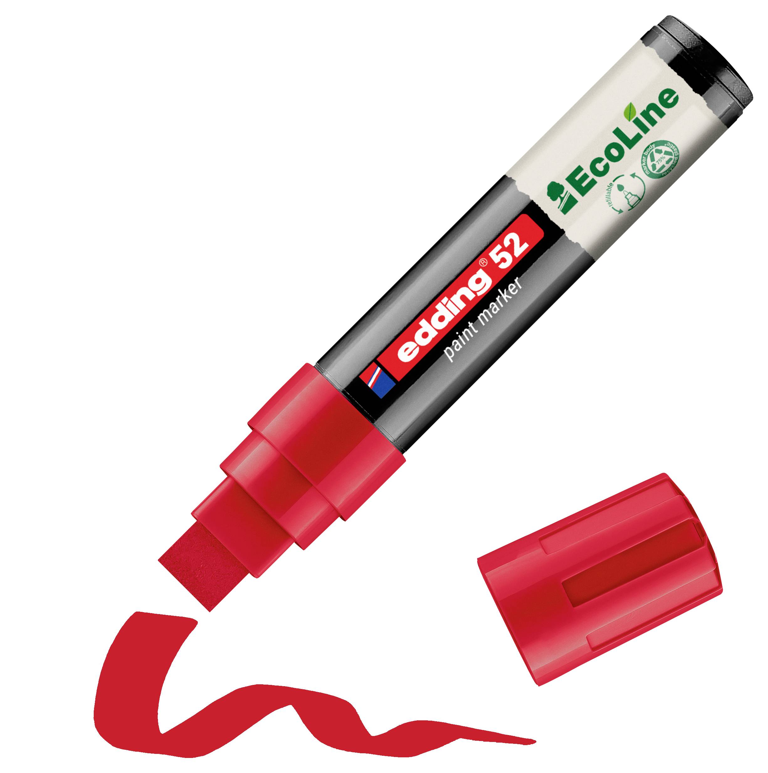 Červený fix Edding 52 EcoLine s odstraněným uzávěrem, kreslící tlusté červené zakřivení na bílém pozadí.