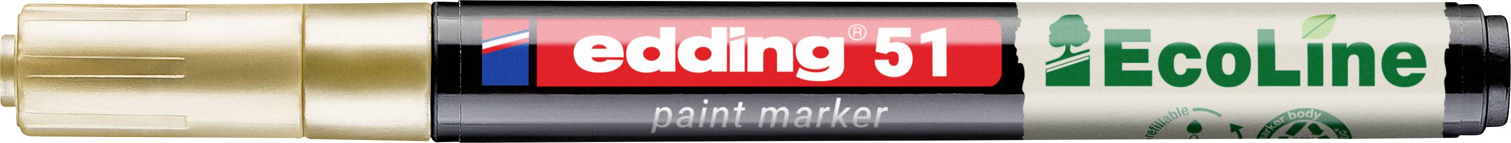 Zlatý marker na bázi barvy označený jako „edding 51" a „EcoLine", zobrazený vodorovně na bílém pozadí.