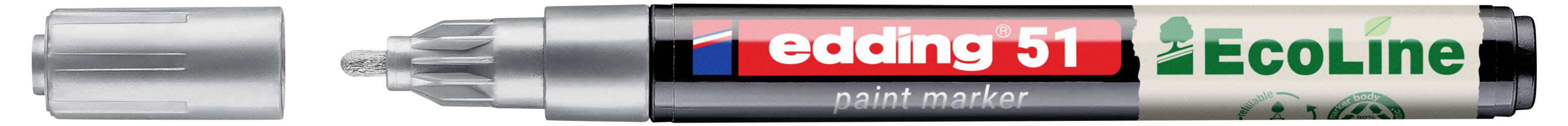 Stříbrné pero s popisovačem na bázi barvy s klínovitým hrotem a označeným tělem popisovače s nápisem "edding 51 paint marker" a "Ecoline".