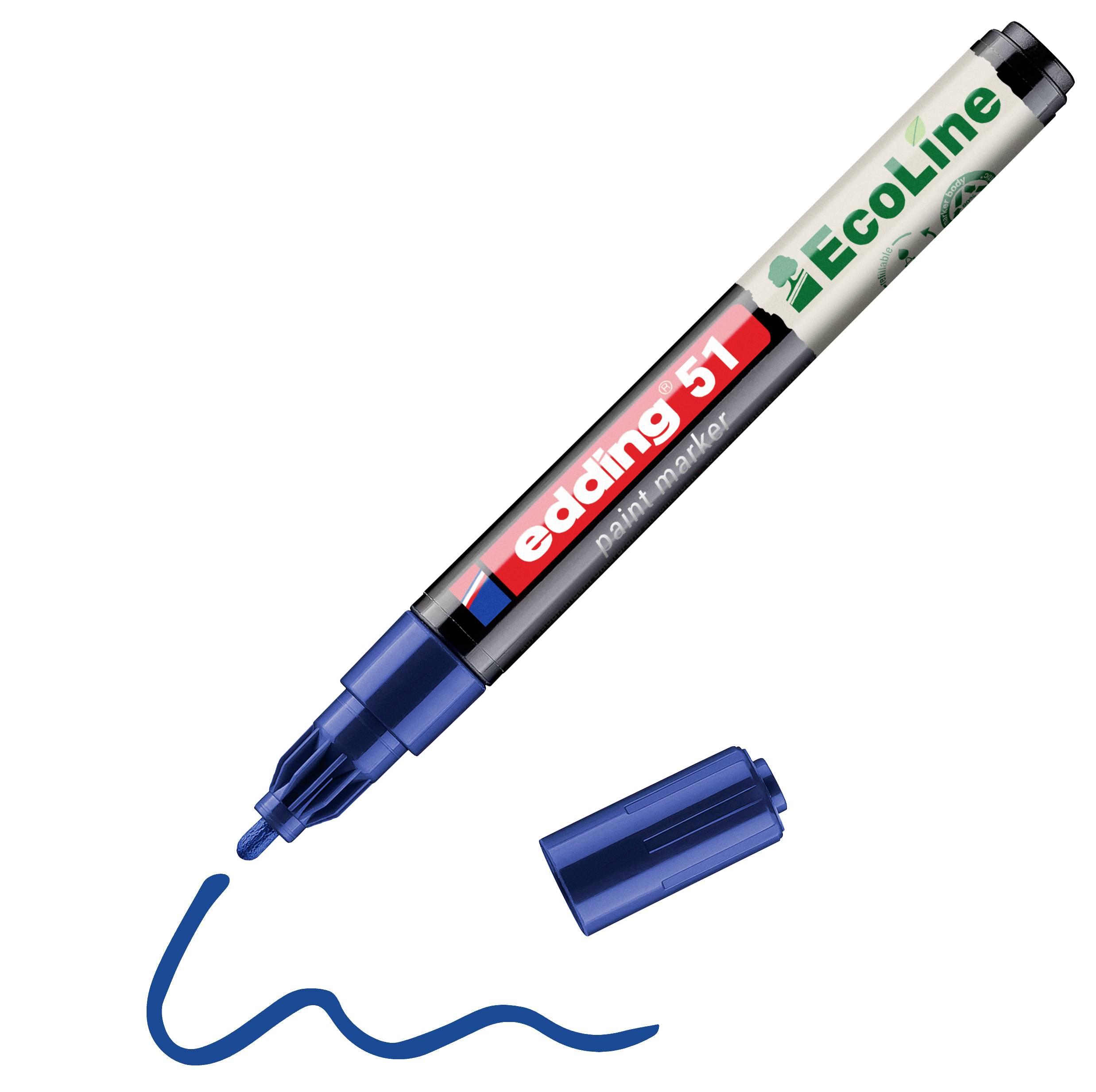 Modrý fix Edding 51 ECOline s odstraněným uzávěrem, píšící modrou vlnitou čáru.