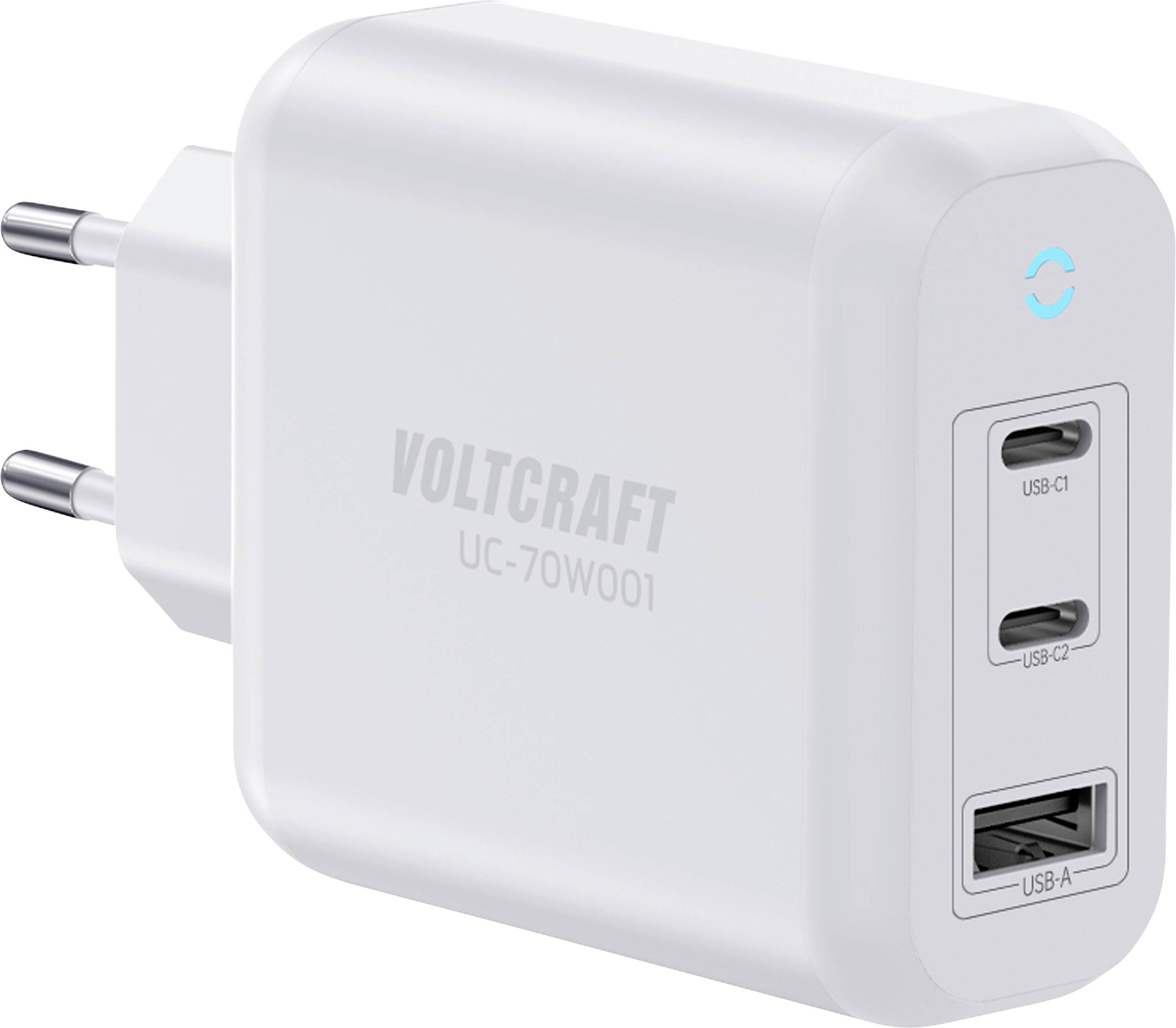 Bílá nabíječka do zásuvky VOLTCRAFT UC-70W001 s vidlicí EU a třemi USB porty: USB-C1, USB-C2 a USB-A.