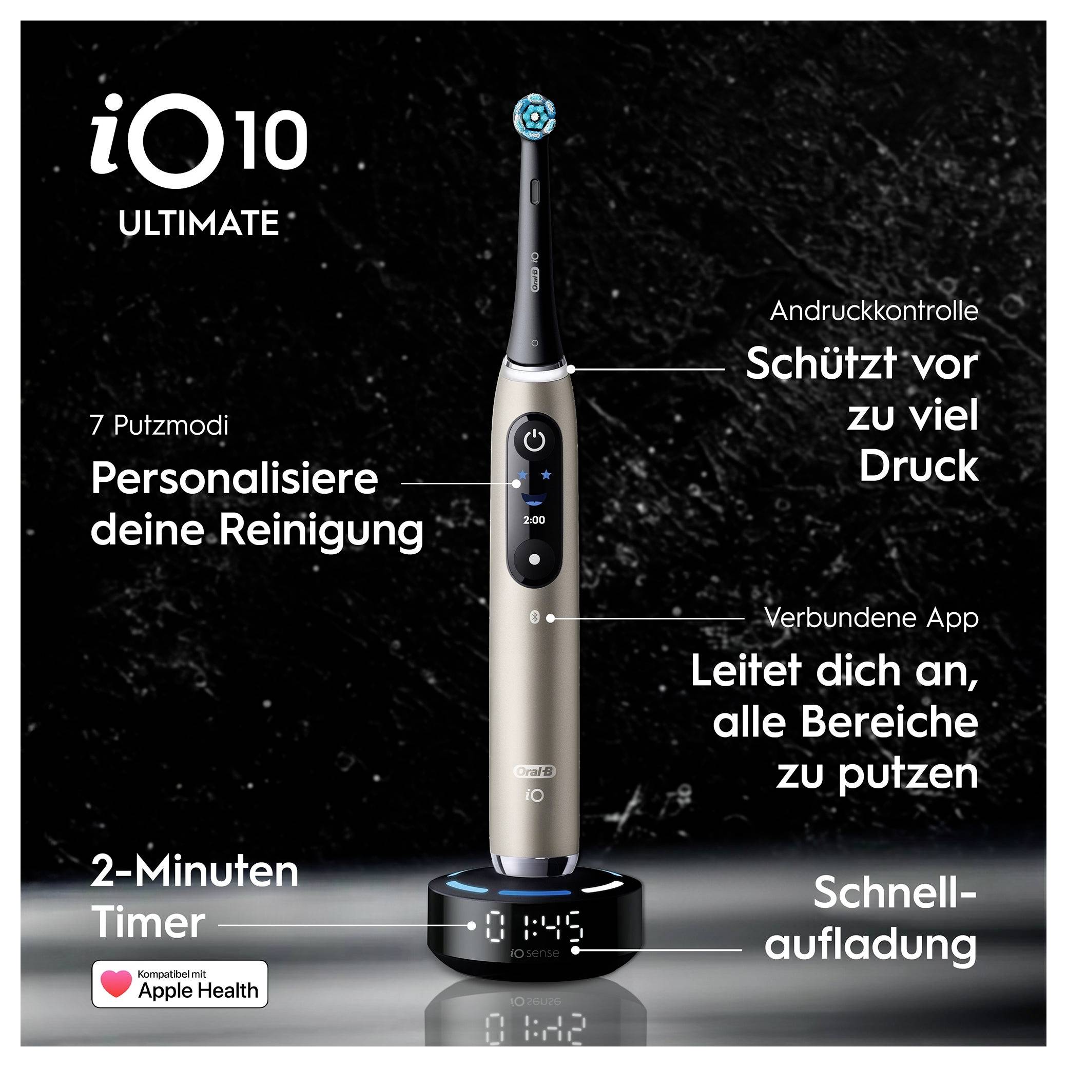 Propagační obrázek elektrického zubního kartáče Oral-B iO10 Ultimate na nabíjecí základně, zdůrazňující 7 režimů čištění, kontrolu tlaku, vedení přidružené aplikace, časovač na 2 minuty a rychlé nabíjení.