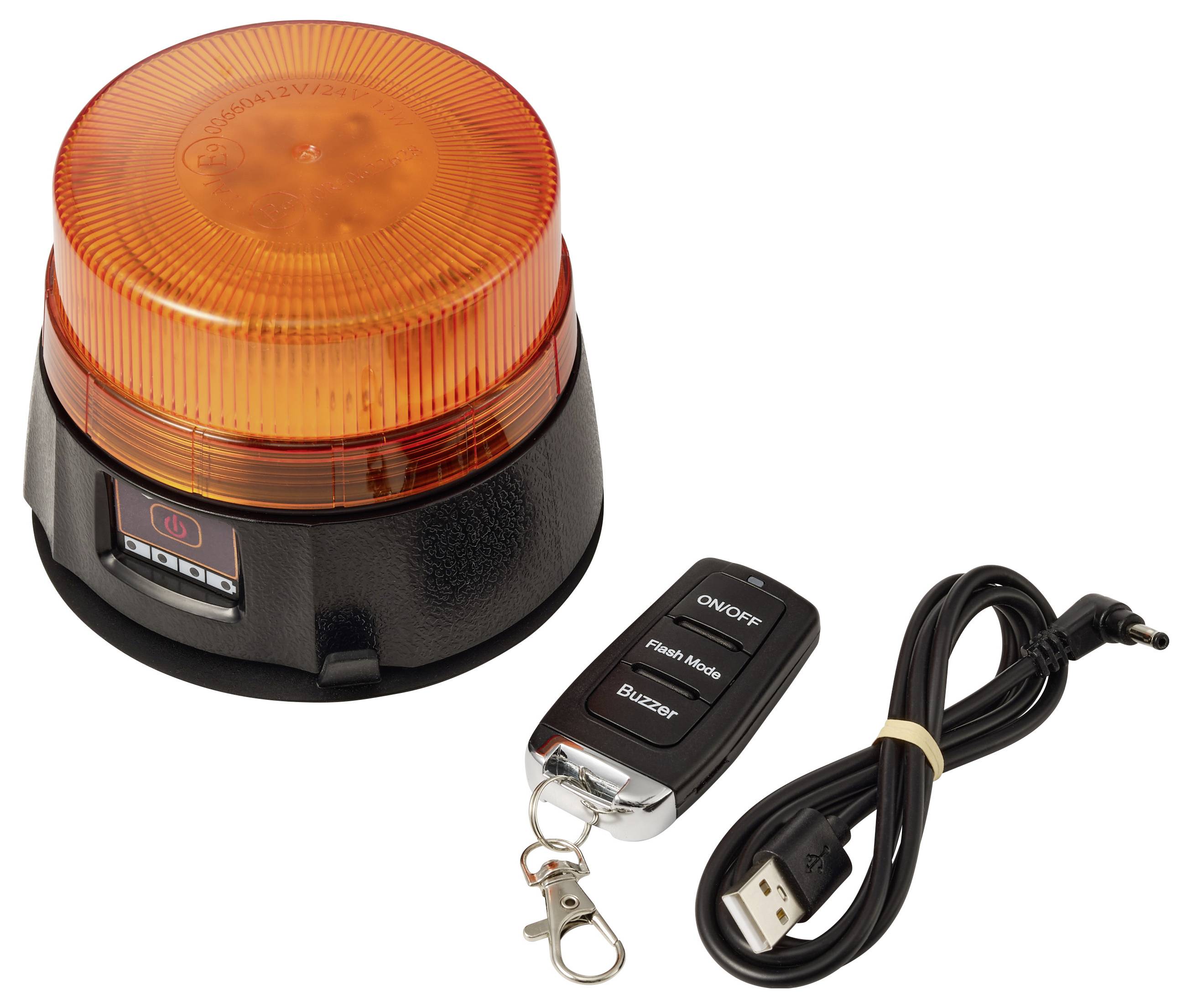 Oranžový maják varovného světla s napájecím kabelem USB a dálkovým ovládáním na klíčenku na bílém pozadí.
