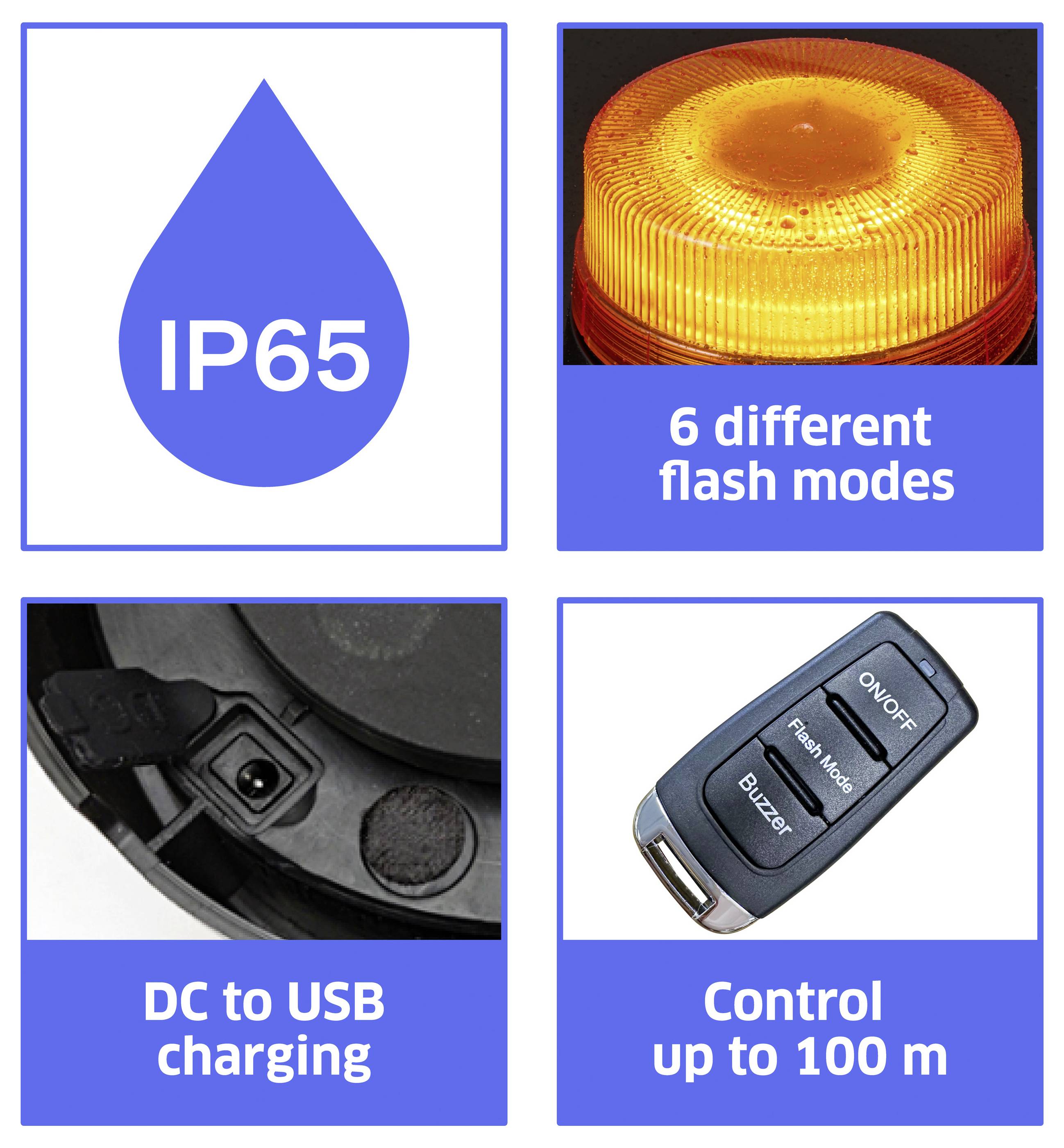 Čtyři destacené vlastnosti: IP65 vodotěsnost, majáček se 6 režimy blikání, nabíjení DC na USB a dálkové ovládání do 100 m.