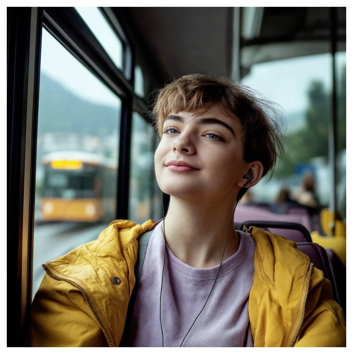 Mladá osoba v žluté bundě a sluchátky sedí v autobuse a dívá se z okna, zatímco venku je rozmazaný městský autobus.