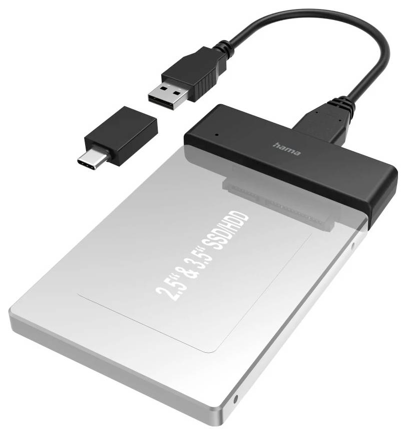 Kabel adaptéru USB-to-SATA připojený k 2,5palcovému SSD, s mikro-USB a USB-A zásuvkou zobrazené nad jednotkou.