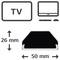 Diagram nástěnného držáku na televizi zobrazující šířku 50 mm a výšku 26 mm, s ikonami televize a monitoru indikujícími kompatibilní montáž displeje.