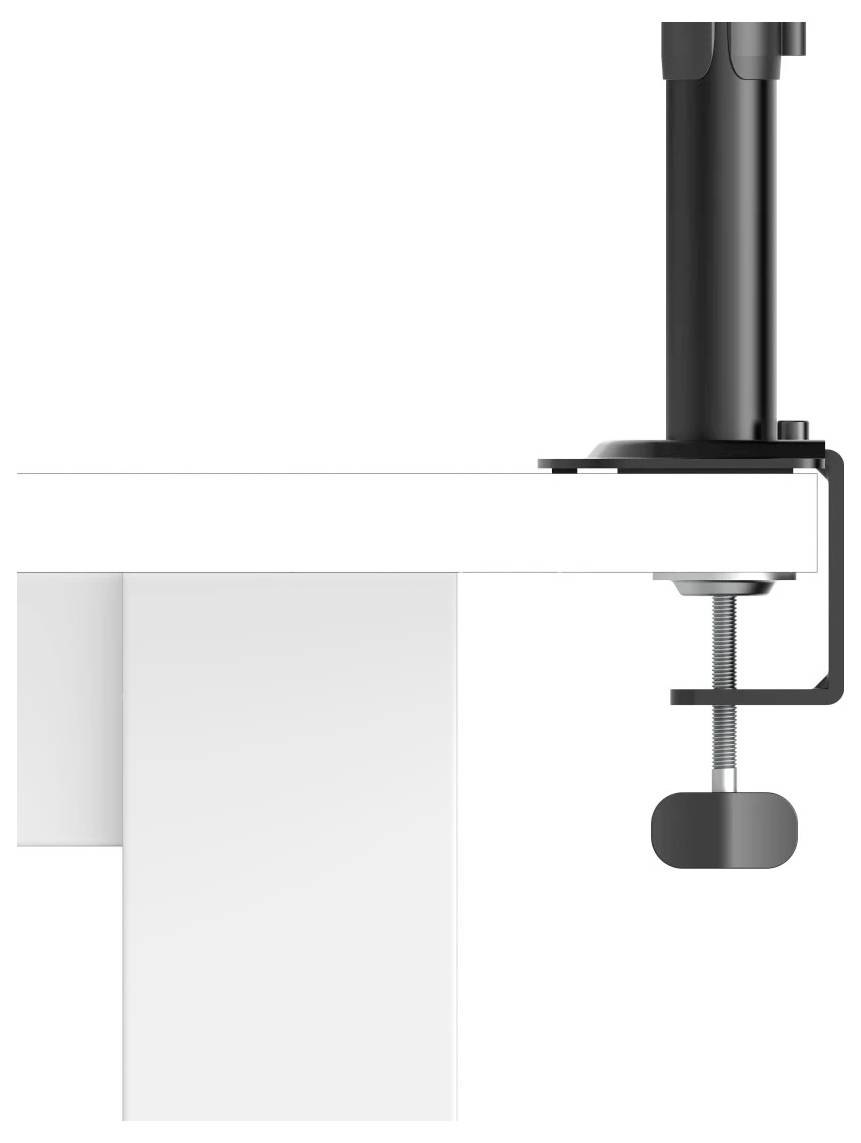 Černý stolní svěrací držák upínající se na desku stolu se šroubovacím knoflíkem a zámkou, zobrazený v detailním bočním pohledu.