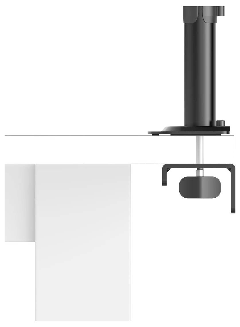 Černé nastavitelné rameno monitoru upevněné na stole, podpírající obrazovku nad dvěma visícími bílými látkovými panely nebo ručníky.
