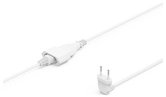 Bílý elektrický prodlužovací kabel s lisovanou zásuvkou a vestavěným konektorem zobrazený na jednoduchém bílém pozadí.