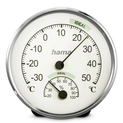 Analogový teploměr a hygrometr ukazující přibližně 23°C a 30% vlhkosti, oba v ideálním rozsahu.