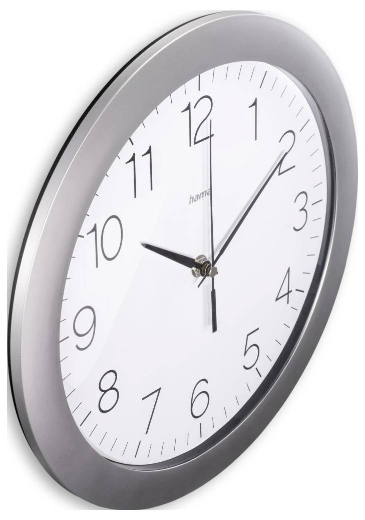 Analogové nástěnné hodiny ukazující přibližně 10:10 s černými číslicemi a ručičkami na bílém ciferníku v šedém rámu.