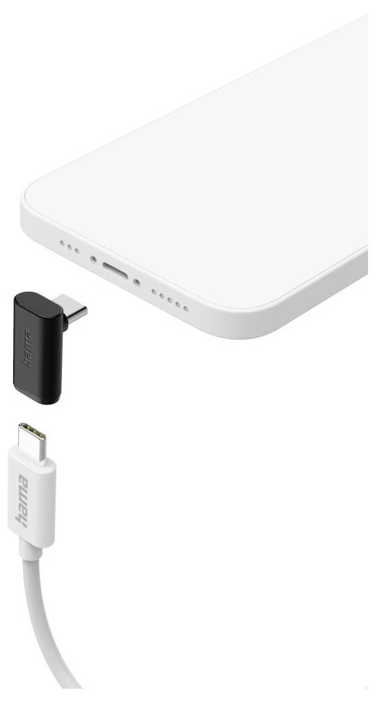 Detailní pohled na okraj tabletu s magnetickým adaptérem USB-C a bílou zásuvkou nabíjecího kabelu Hama zobrazenou pod ním.