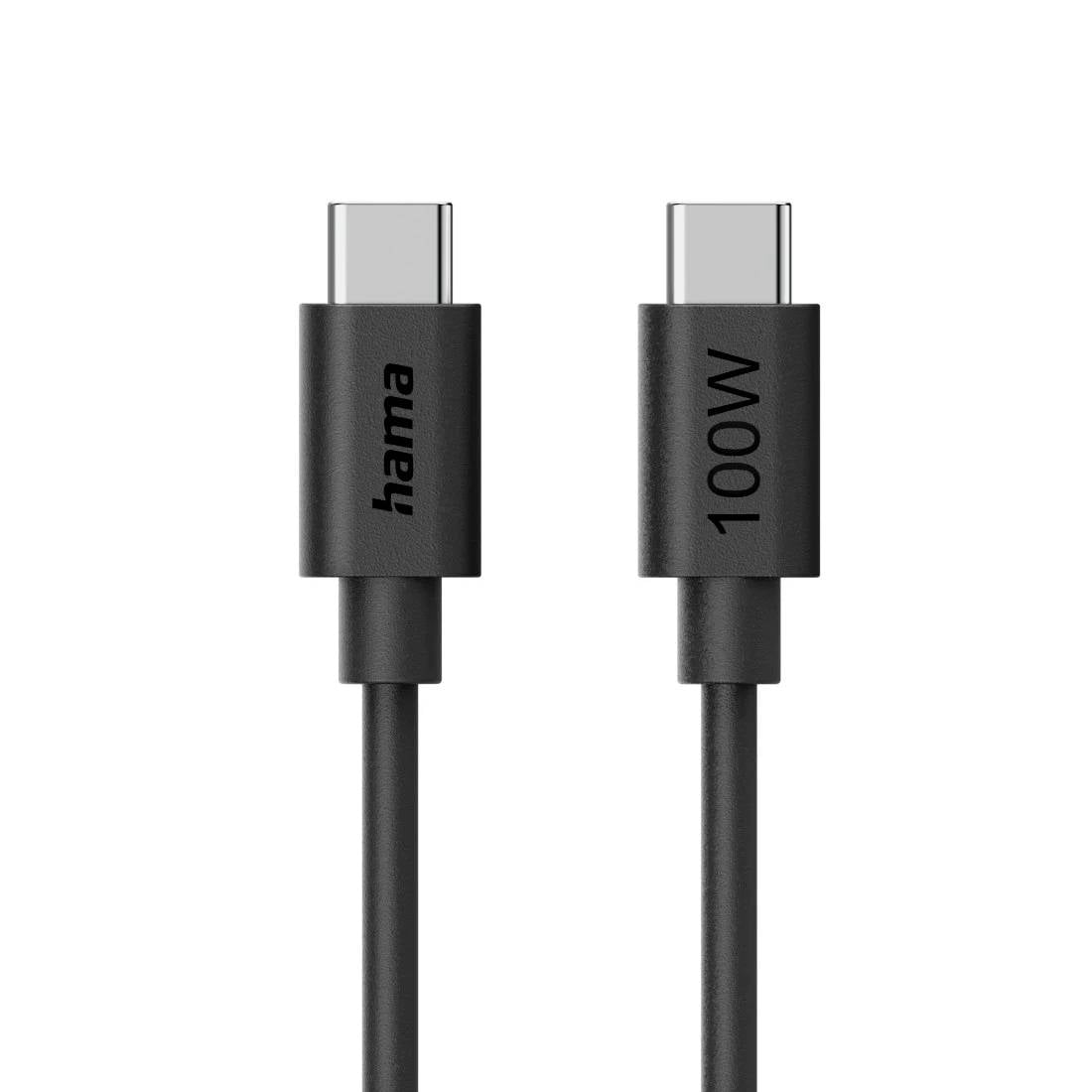 Černý kabel USB-C v detailním záběru s jedním konektorem označeným 'hama' a druhým '100W'.