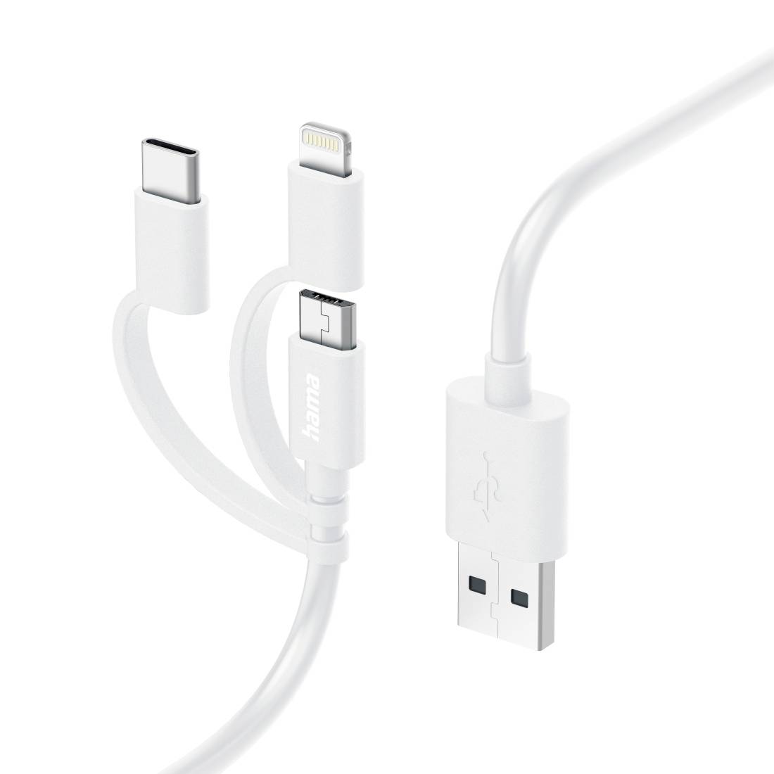 Bílý 3v1 nabíjecí kabel s konektory USB-A, USB-C a Lightning na prostém bílém pozadí.