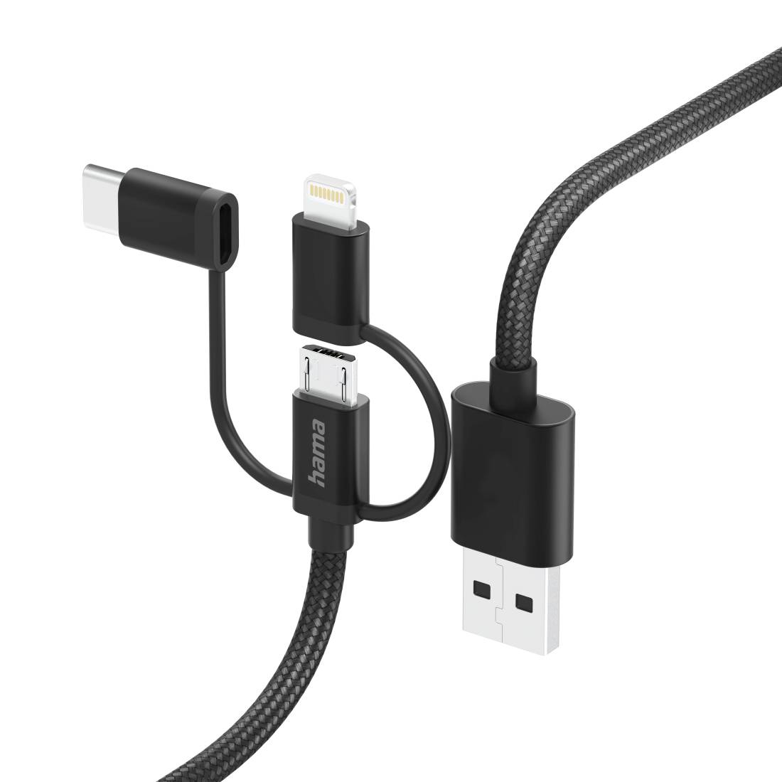 Univerzální nabíjecí kabel USB s konektory USB-C, Lightning a Micro-USB na pletené černé šňůře.