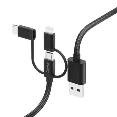 Univerzální nabíjecí kabel USB s konektory USB-C, Lightning a Micro-USB na pletené černé šňůře.