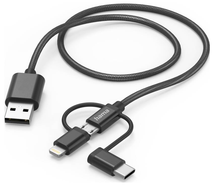USB nabíjecí kabel se zástrčkou USB-A a vyměnitelnými konektory Lightning a USB-C, značka Hama.