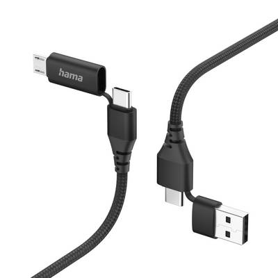 Splétaný Hama USB nabíjecí kabel s úhlovými konektory USB-C a USB-A na bílém pozadí.