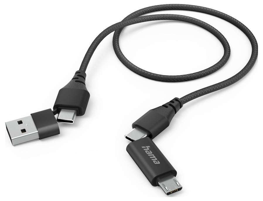 Černý kabel USB k nabíjení s konektorem USB-A na jedné straně a konektory Micro-USB a USB-C na druhé straně.