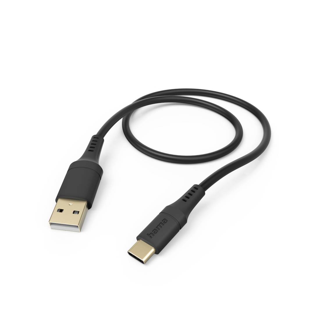 Černý kabel USB-A na USB-C na bílém pozadí