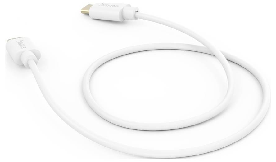 Bílý kabel USB-C na Lightning pro nabíjení stočený na jednoduchém bílém pozadí.