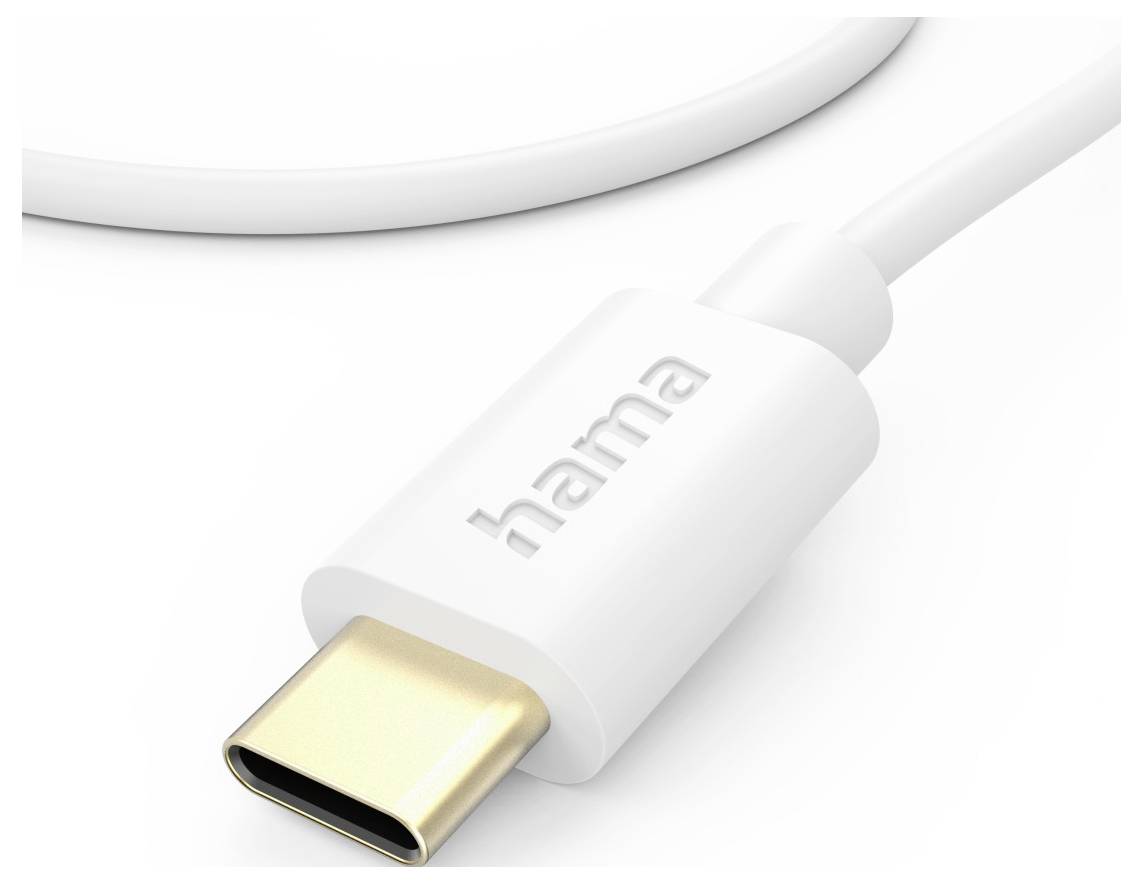 Detailní záběr na bílý kabel USB-C se zlatým konektorem značky "hama" na bílém pozadí.