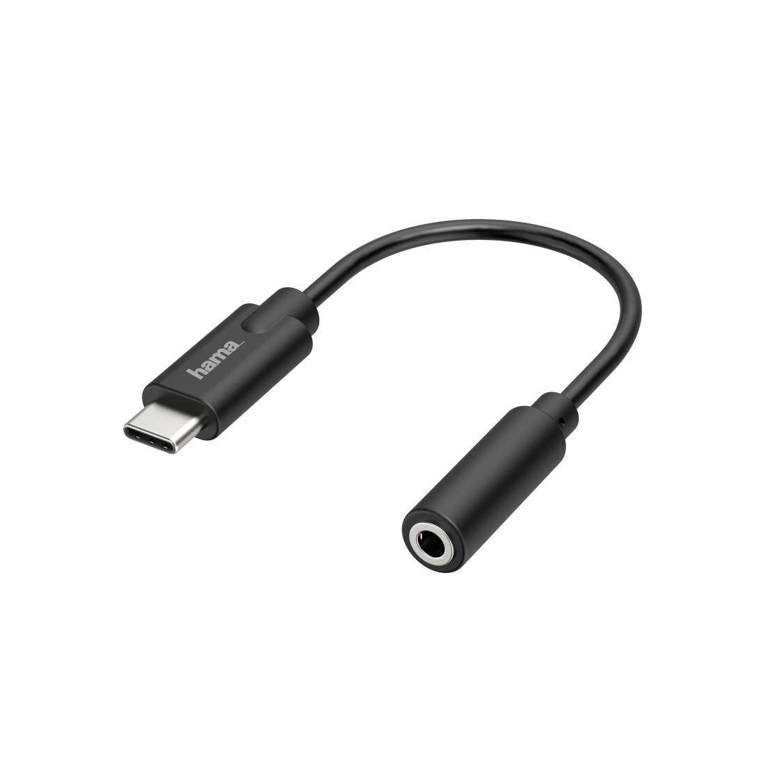 Černý kabel adaptéru USB-C na 3,5 mm audio s vidlicí USB-C a zásuvkou pro sluchátka.