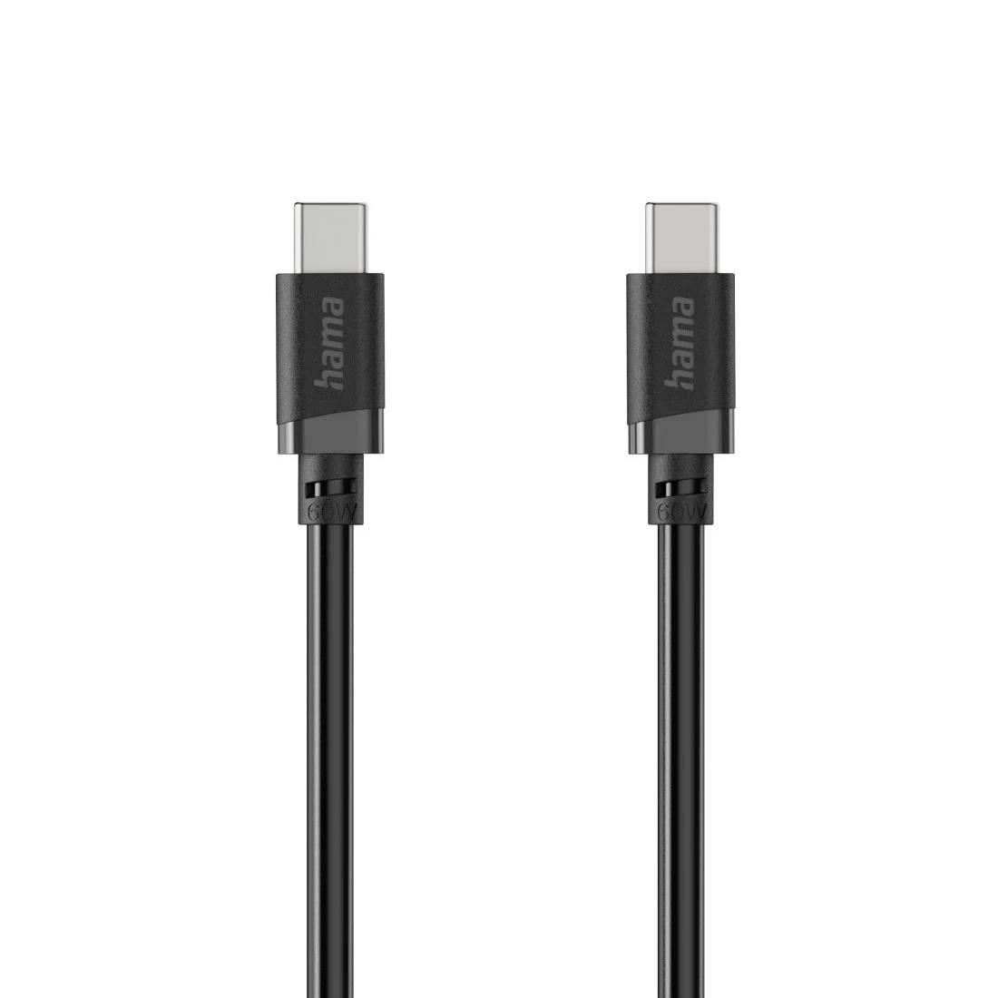 Dva černé kabely USB-C na nabíjení s konektory Hama zobrazené vedle sebe na bílém pozadí.