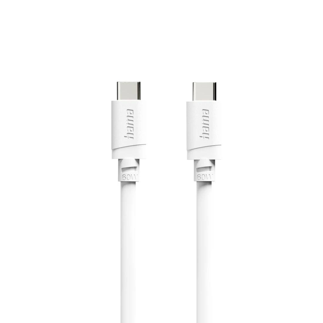 Dva bílé USB-C nabíjecí kabely s krátkými pleteným vzhledem vypadajícími konektory zobrazené vzpřímeně na prostém bílém pozadí.